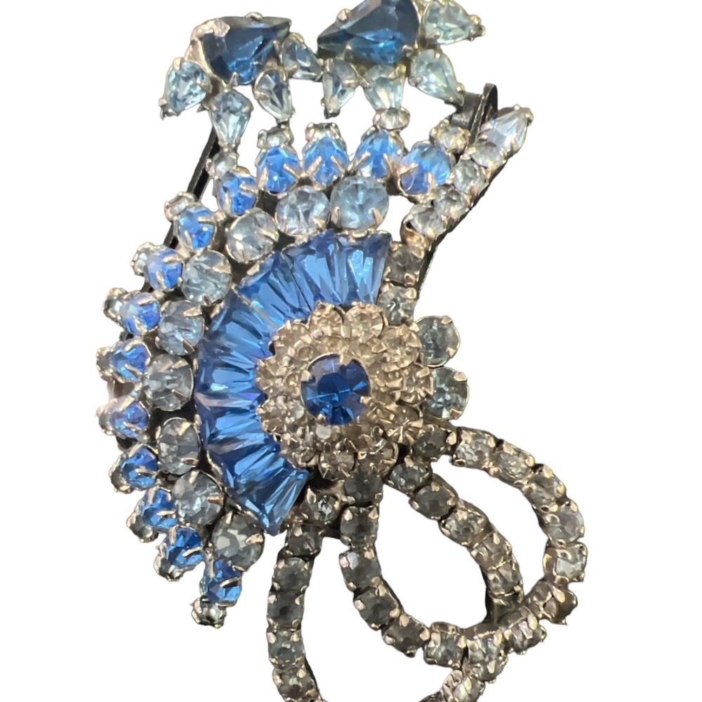 Vintage Rare Early Sherman Brooch Earrings Dome Signed Blue Rhinestones